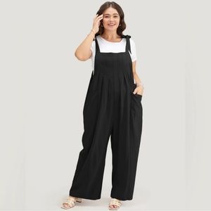 Bloomchic Solid Pleated Detail Pocket Knotted Shoulder Overall Jumpsuit